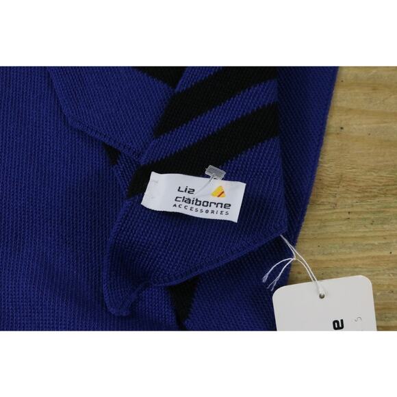 Liz Claiborne Scarf Blue Black Merino Wool Striped Vintage 1987 Hong Kong New - Picture 2 of 8